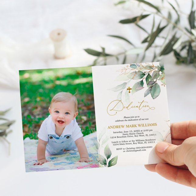 Invitation Dédication photo Green & Gold Eucalyptus (Créateur téléchargé)