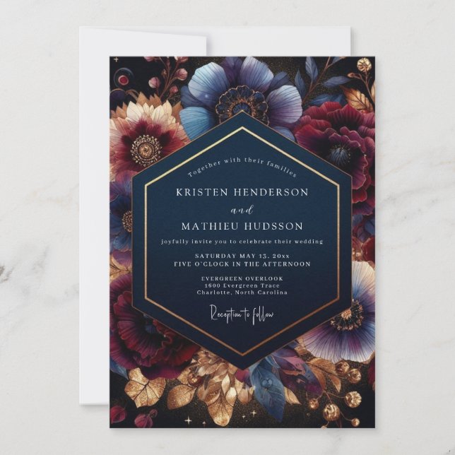 Invitation Deep Blue Botanical Bloom Wedding (Devant)