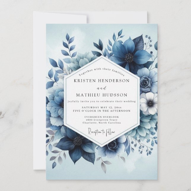 Invitation Deep Blue Botanical Whimsy Wedding (Devant)