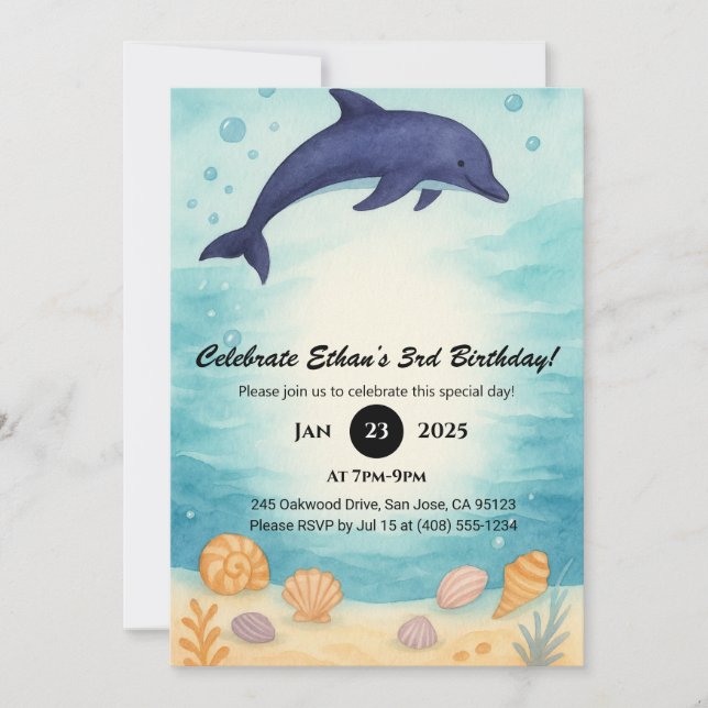 Invitation Deep Blue Dolphin & Seashell Ocean Birthday  (Devant)