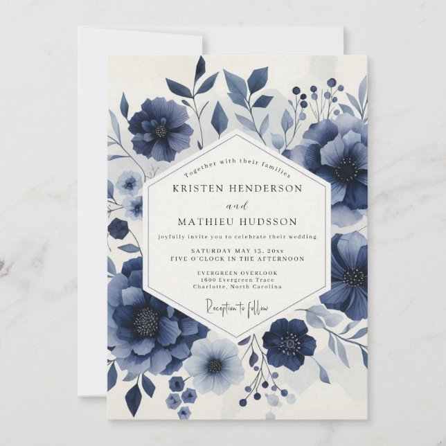 Invitation Deep Blue Ethereal Bloom Wedding (Devant)