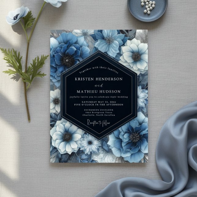 Invitation Deep Blue Floral Bloom Wedding (Créateur téléchargé)