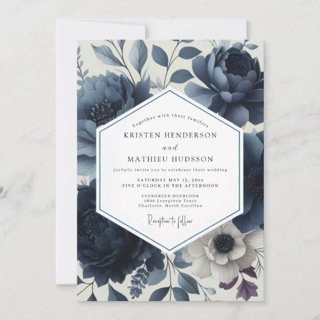 Invitation Deep Blue Floral Elegance Wedding (Devant)