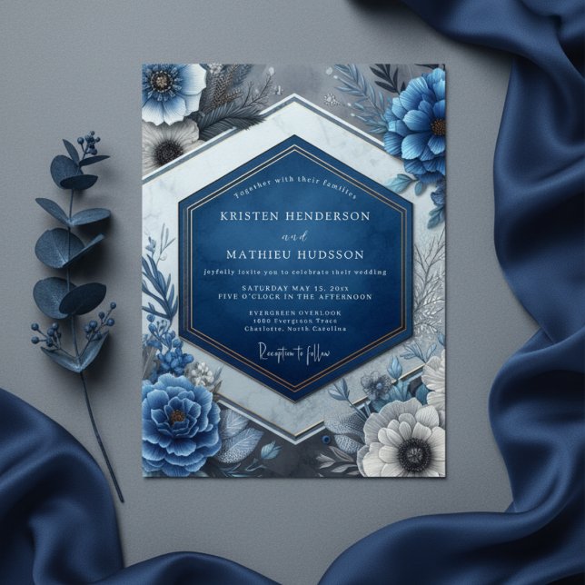 Invitation Deep Blue Floral Enchantment Wedding (Créateur téléchargé)
