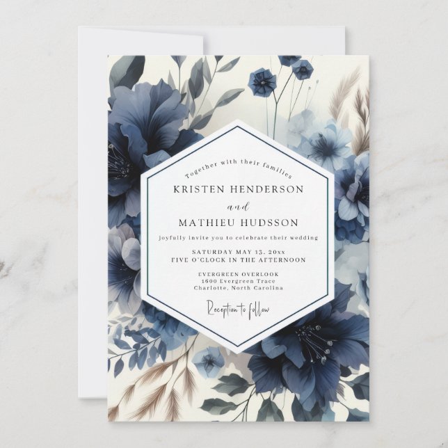 Invitation Deep Blue Floral Moody Wedding (Devant)
