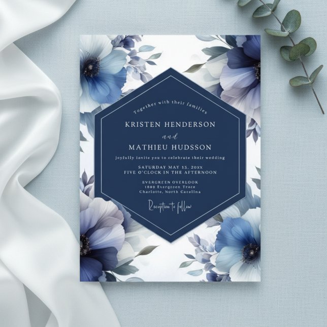 Invitation Deep Blue Floral Opulent Wedding (Créateur téléchargé)