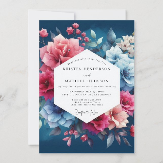 Invitation Deep Blue Floral Romance Wedding (Devant)