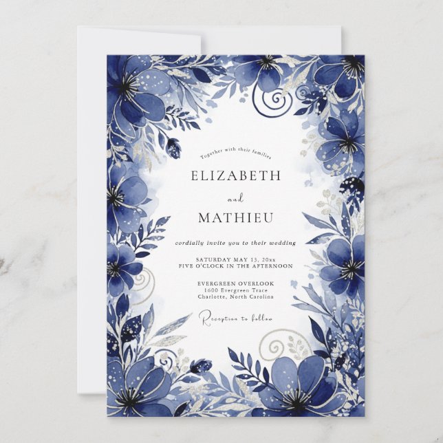 Invitation Deep Blue Floral Romance Wedding (Devant)