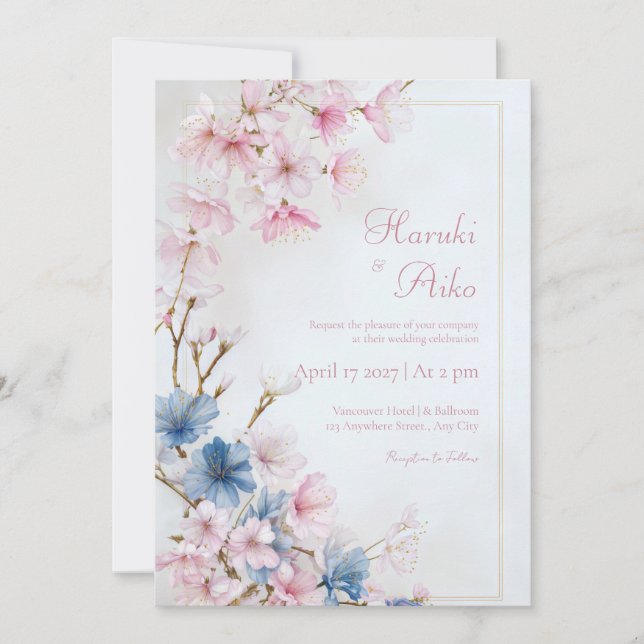 Invitation Deep Blue Pink Romantic Sakura Gold Frame Wedding (Devant)