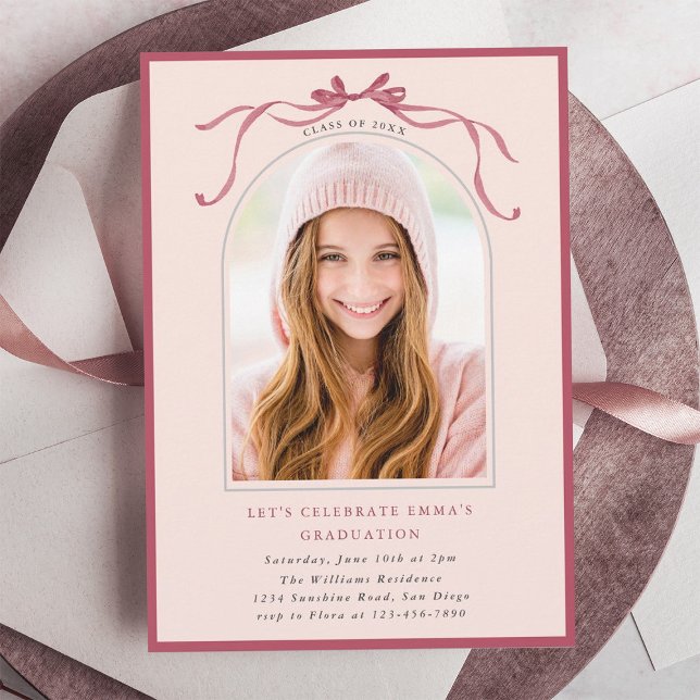 Invitation Deep Blush Bow Graduation Party Arch Photo Pink (Créateur téléchargé)