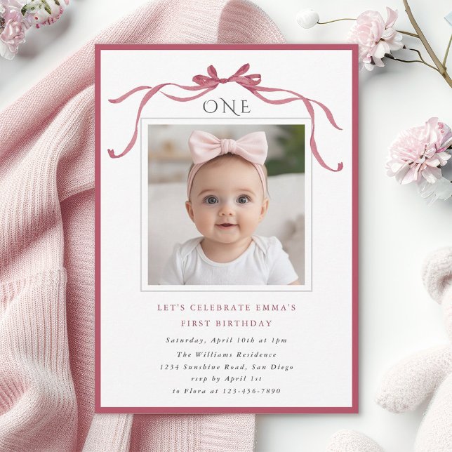 Invitation Deep Blush Pink Bow Girl 1st Birthday Party Photo (Créateur téléchargé)