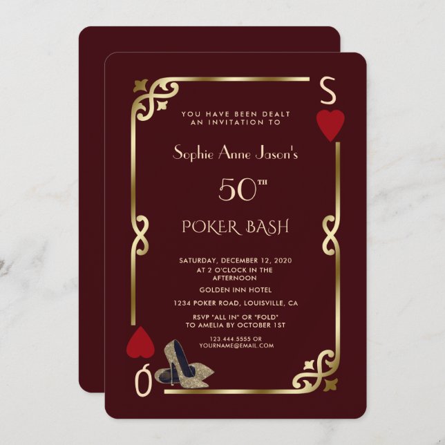 Invitation Deep Burgundy Casino Night Gatsby 50th Birthday (Devant / Derrière)