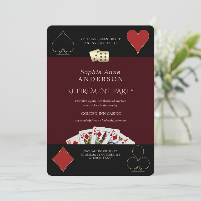 Invitation Deep Burgundy Casino Vegas Poker Retirement Party  (Debout devant)