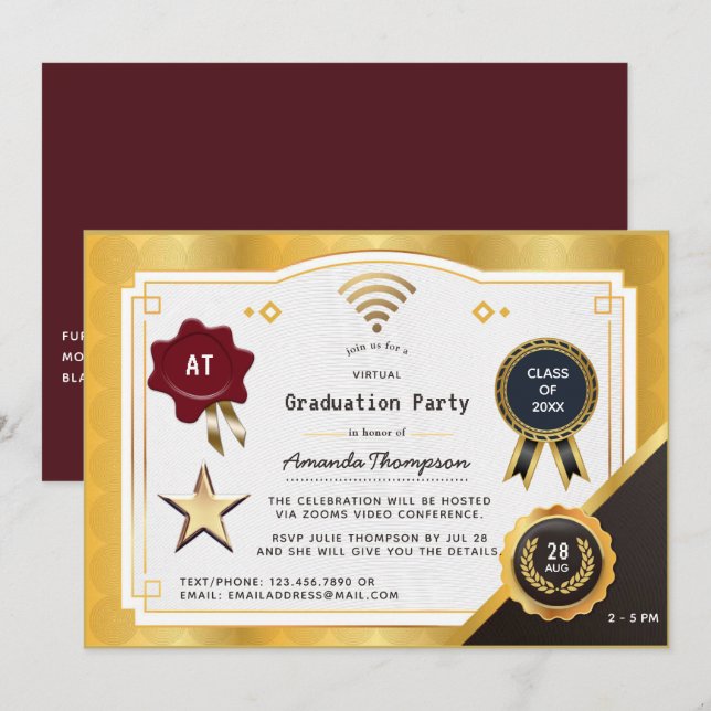 Invitation Deep Burgundy et Gold Virtual Graduation Party (Devant / Derrière)