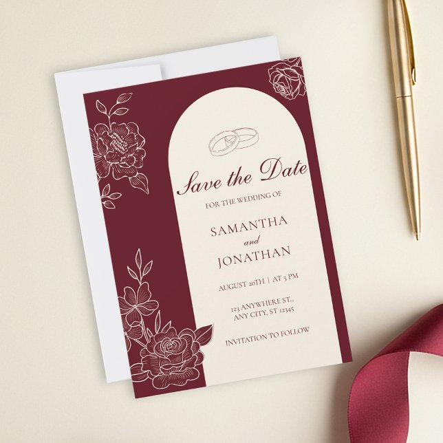 Invitation Deep Burgundy Floral Arch Wedding Save the Date (Deep Burgundy Floral Line Art with Ivory Arch with Photo Back Save the Date Wedding Card)