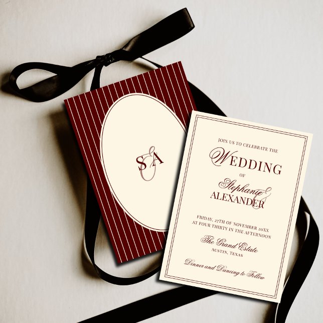 Invitation Deep Burgundy Ivory Stripe Oval Old Money Wedding  (Créateur téléchargé)