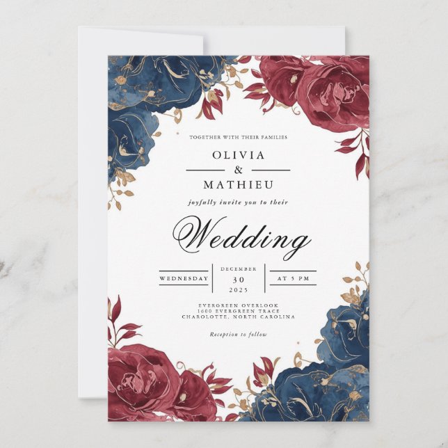 Invitation Deep Burgundy & Navy Floral Arch Wedding (Devant)