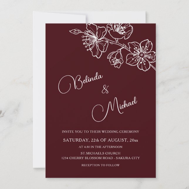 Invitation Deep Burgundy White Floral | Photo Wedding (Devant)