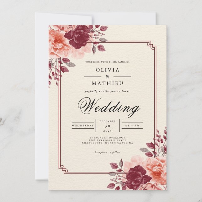 Invitation Deep Crimson Floral Mariage romantique (Devant)