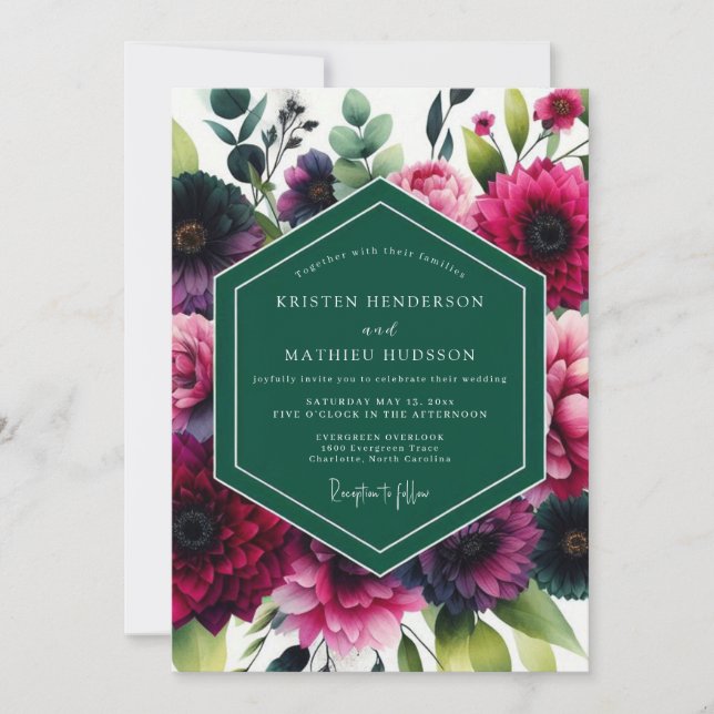 Invitation Deep Magenta Botanical Romance Wedding (Devant)