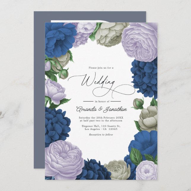 Invitation Deep Navy, Soft Lilac & Cloud Gray Floral Wedding (Devant / Derrière)
