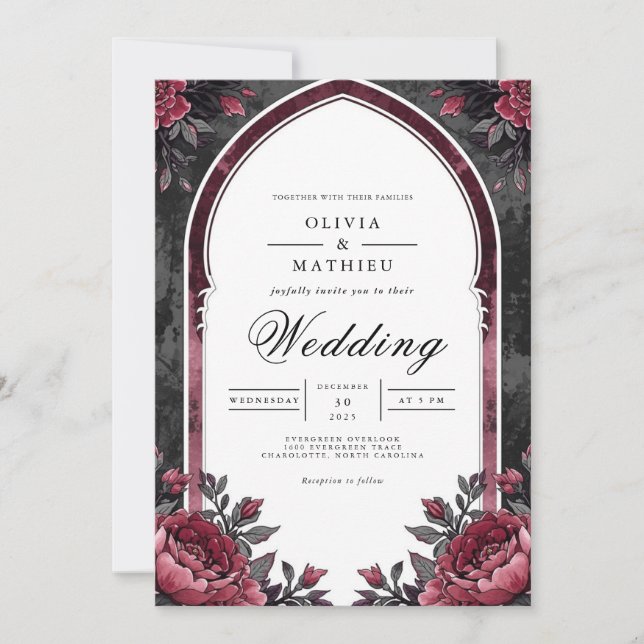 Invitation Deep Plum Floral Archway Wedding (Devant)