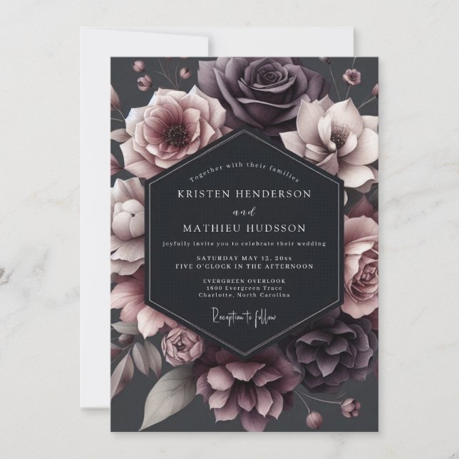 Invitation Deep Plum Floral Moody Romance Wedding (Devant)