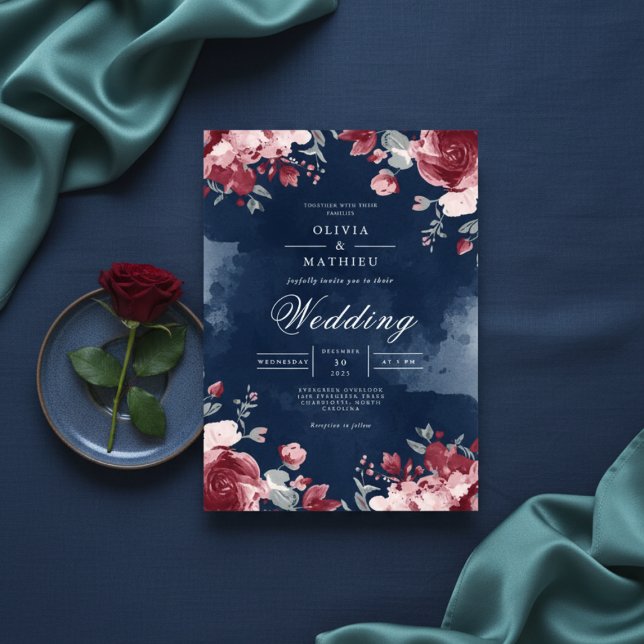 Invitation Deep Plum Floral Watercolour Wedding (Créateur téléchargé)