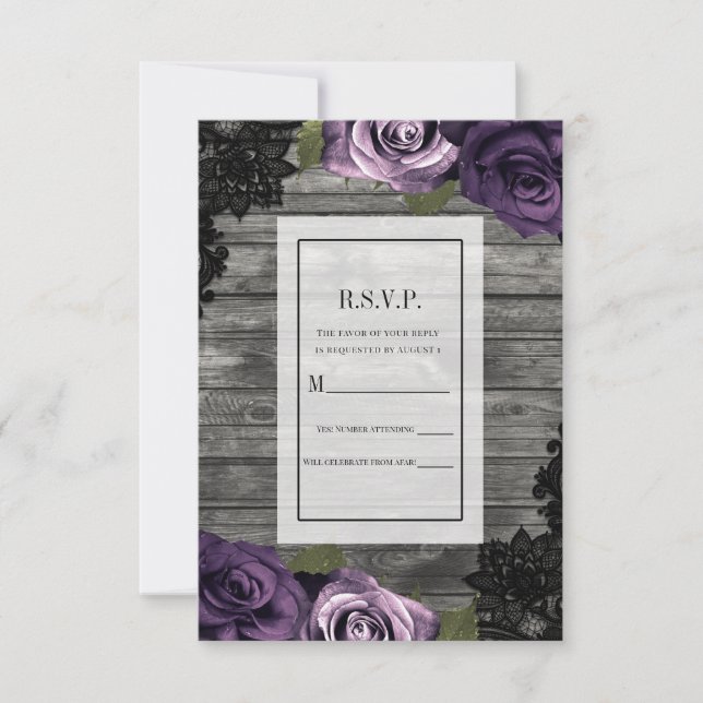 Invitation Deep Purple Roses Rustic Wood Black Lace RSVP  (Devant)