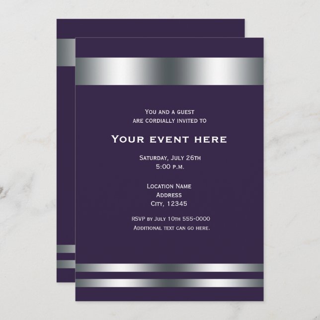 Invitation Deep Purple & Silver Elegant Diner Party Event (Devant / Derrière)