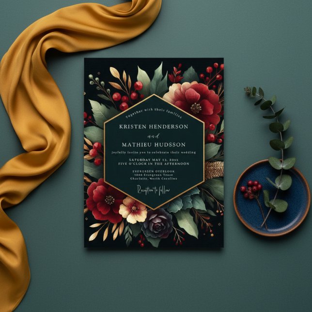 Invitation Deep Red Botanical Luxe Wedding (Créateur téléchargé)