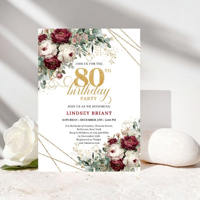 Invitation Deep Red Burgundy Flowers Eucalyptus 80th Birthday (Deep Red Burgundy Flowers Eucalyptus 80th Birthday)