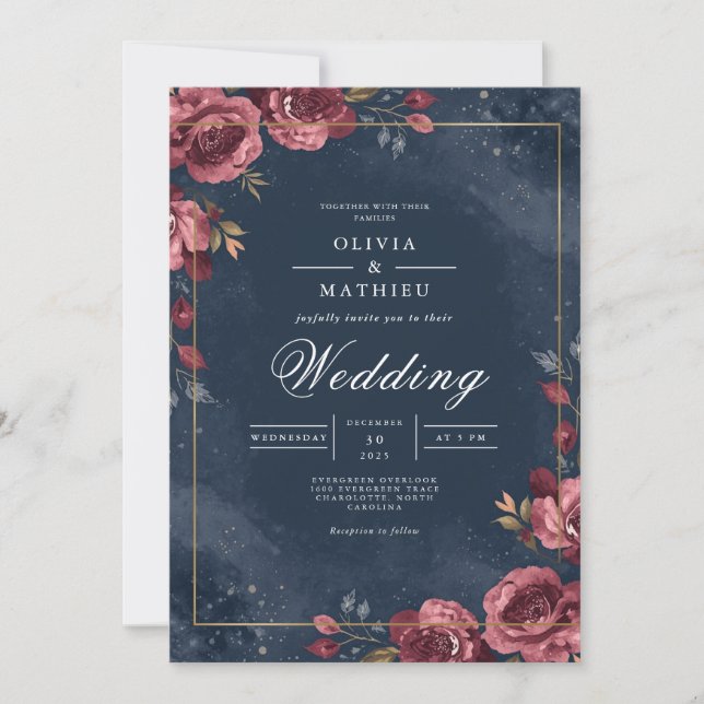 Invitation Deep Red Floral Navy Arch Wedding (Devant)