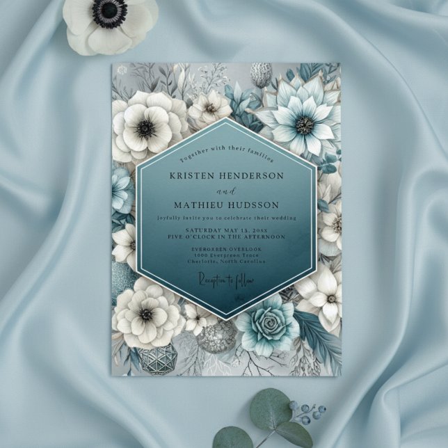 Invitation Deep Teal Bloom Romance Wedding (Créateur téléchargé)