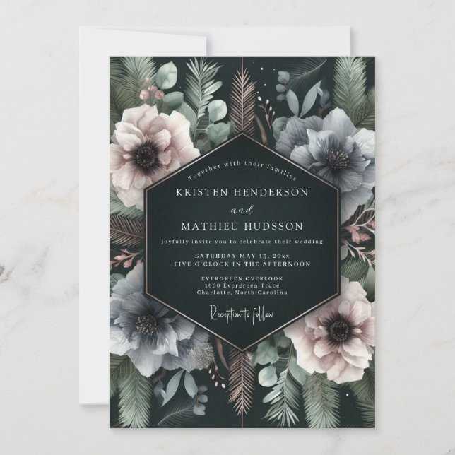 Invitation Deep Teal Floral Moody Wedding (Devant)