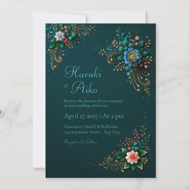 Invitation Deep Teal Jewel Floral Wedding (Devant)