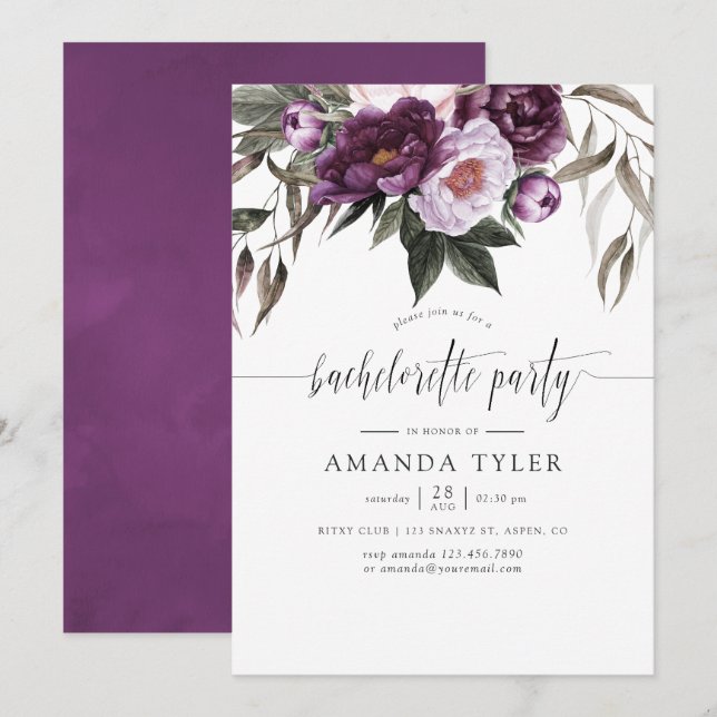 Invitation Deep Velvet Floral Bachelorette Party (Devant / Derrière)