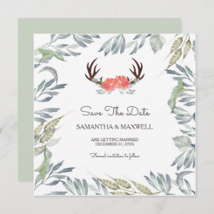 Invitation DEER ANTLER & Green Save The Date, Peach Flower