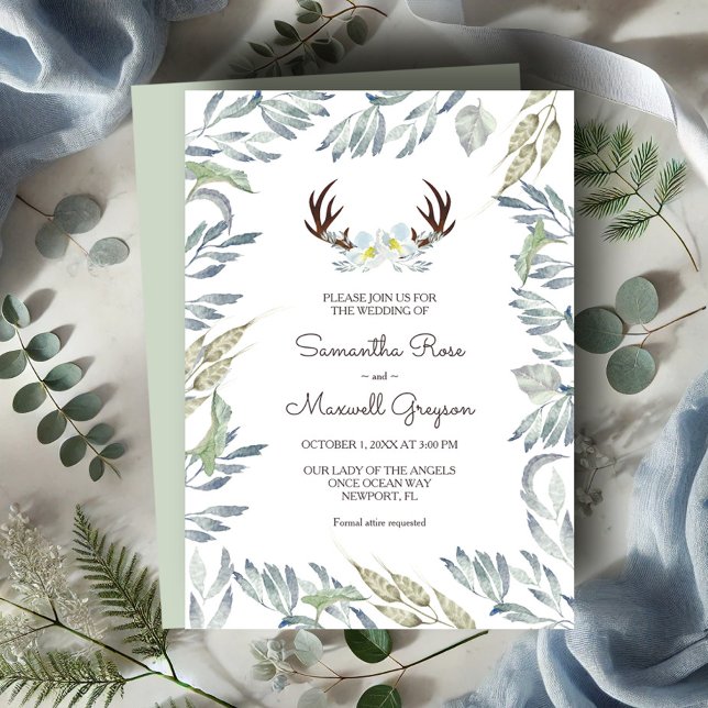 Invitation DEER ANTLER Rustique Sage Green Mariage (Wedding invitations rustic watercolor deer antlers and botanical greenery)