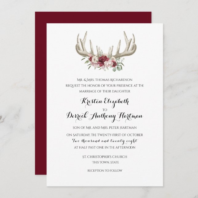 Invitation Deer Antlers Mariage floral Bourgogne (Devant / Derrière)