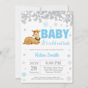 Invitation Deer Winter Blue Boy Baby shower Flocon de neige