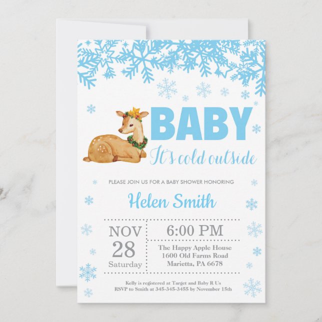 Invitation Deer Winter Blue Boy Baby shower Flocon de neige (Devant)