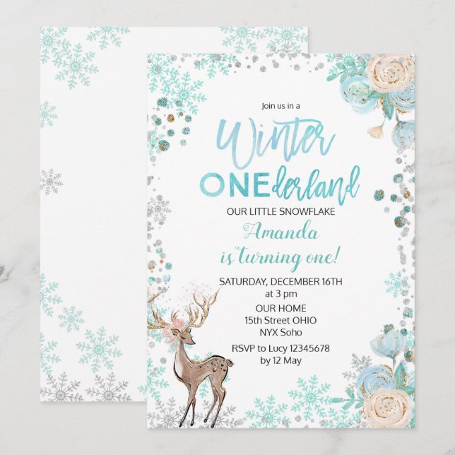 Invitation Deer Winter ONEderland Neige Anniversaire Monnaie  (Devant / Derrière)