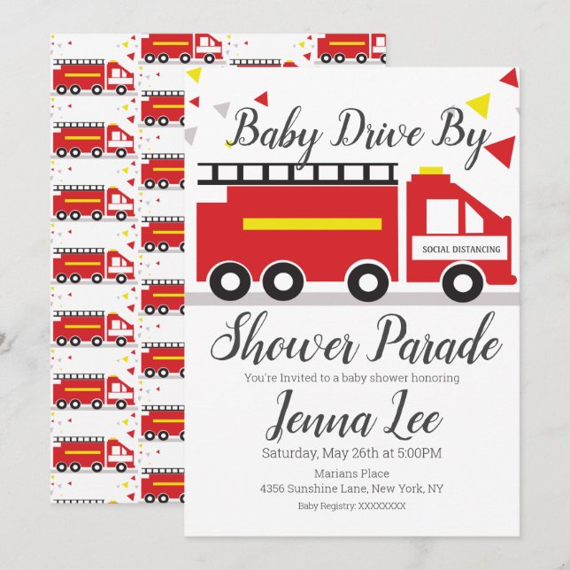 Invitation Défilé de bébé pour camion de pompiers (Devant / Derrière)