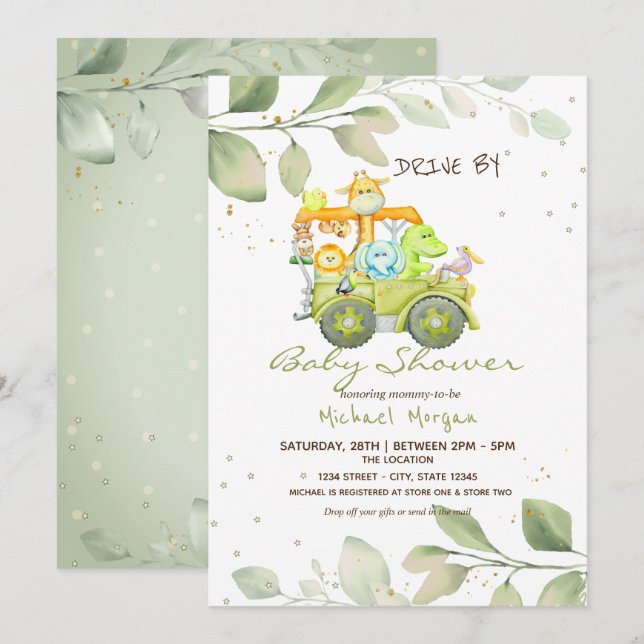 Invitation Défilé de camion d'animaux mignons pour Baby Showe (Devant / Derrière)