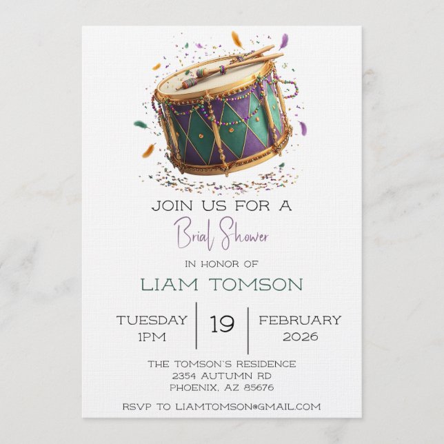 Invitation Défilé de Carnaval avec Tambour de Mardi Gras (Devant)