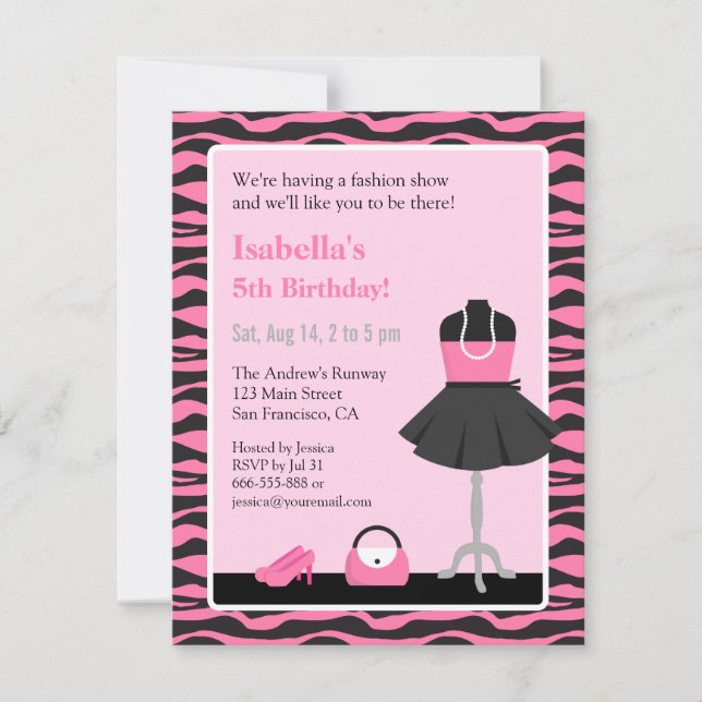 Invitation Défilé de mode Imprimé Zèbre Rose Fille Fête d'ann (Devant)