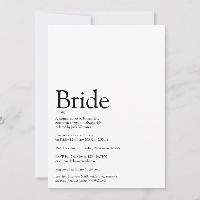 Invitation Définition de la mariée Fête de mariage noir et bl (Devant)