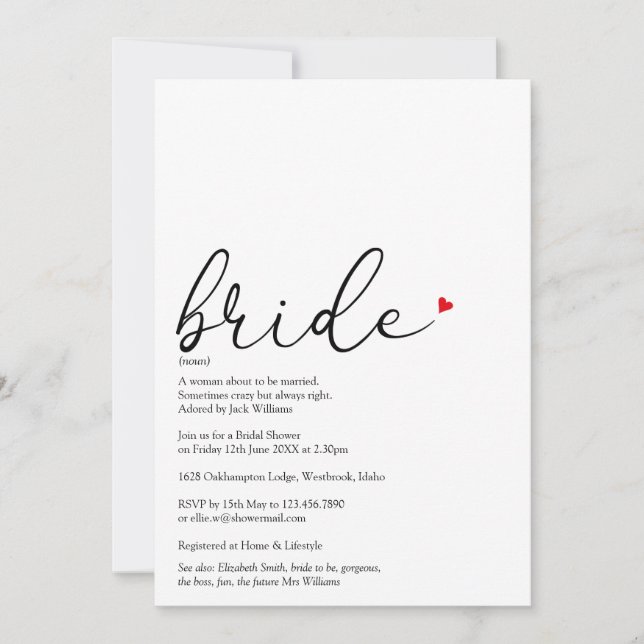 Invitation Définition de mariée Elegant Script Enterrement de (Devant)