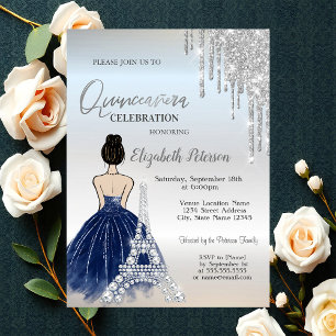 Invitation Dégâts, Fille en robe bleue Tour Eiffel Quinceañer